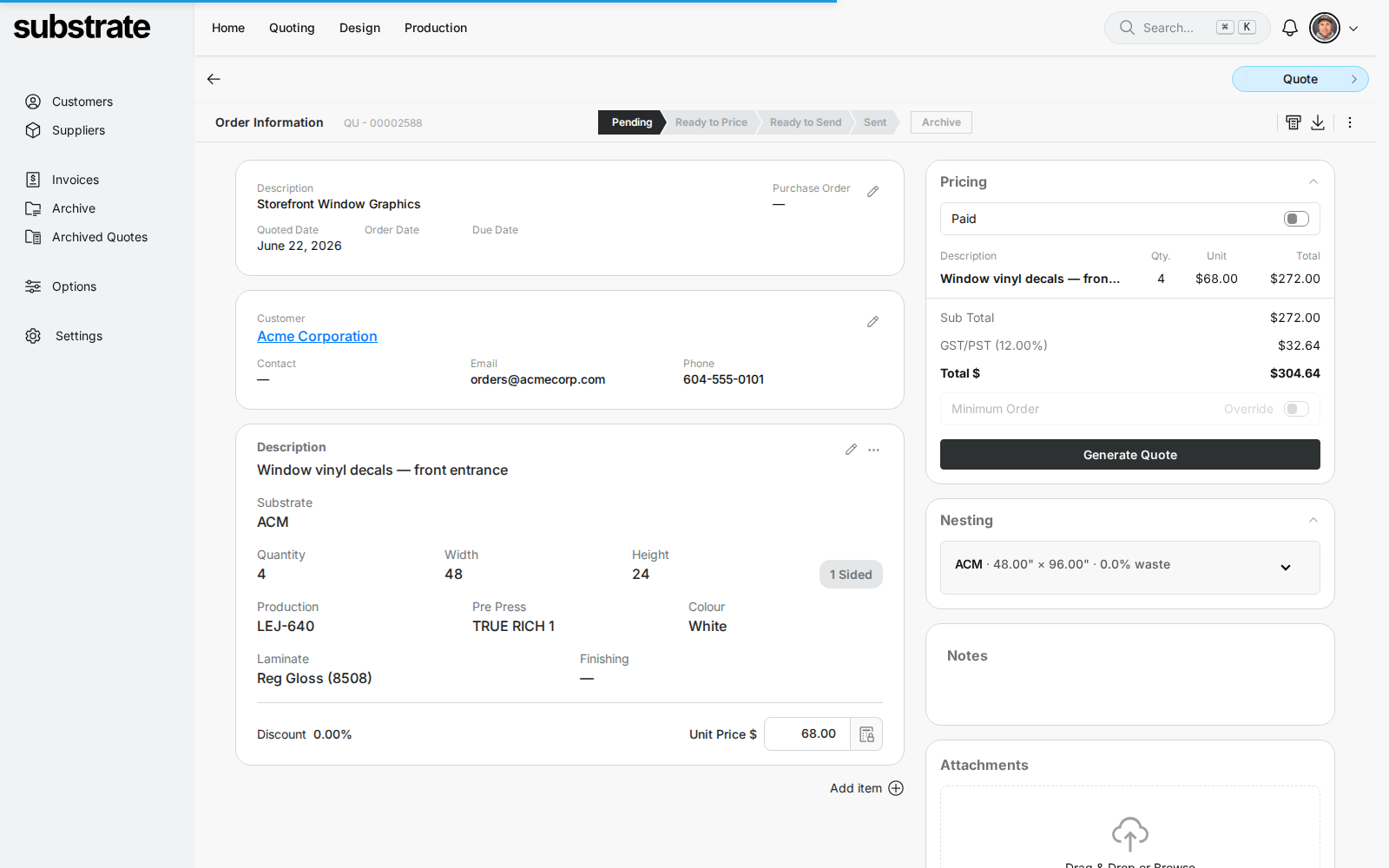 Substrate quote builder